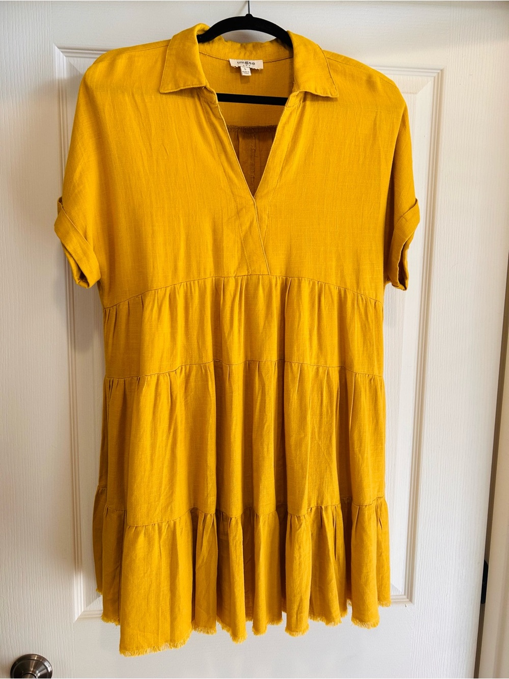 Umgee Mustard Yellow Tiered V-Neck Short Sleeve Dress